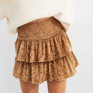 NEW Aerie Tree Line Tan Frills N Thrills Ruffled Velvet Mini Skirt S